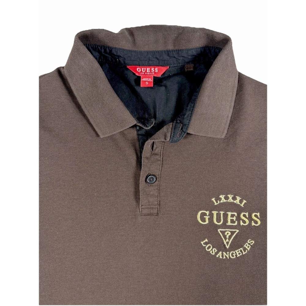 GUESS Polo Shirt Men Small Brown Logo Los Angeles Graphic Short Sleeve Casual